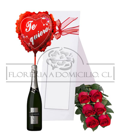 Caja de 6 rosas + Champagne 750cc+ Globito